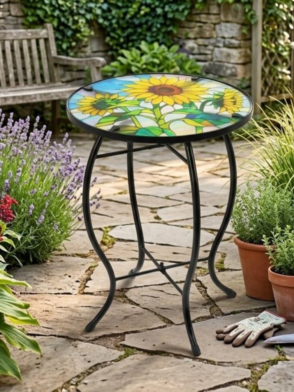 Outdoor Sunflower Side Table Glass Top Metal Frame Small End Table